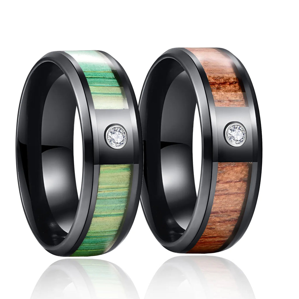 Titanium Steel Ring with Acacia Ebony Teak Inlay