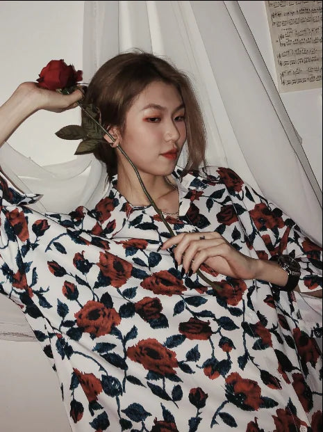 White Rose Vintage Loose Long Sleeve Shirt for Women