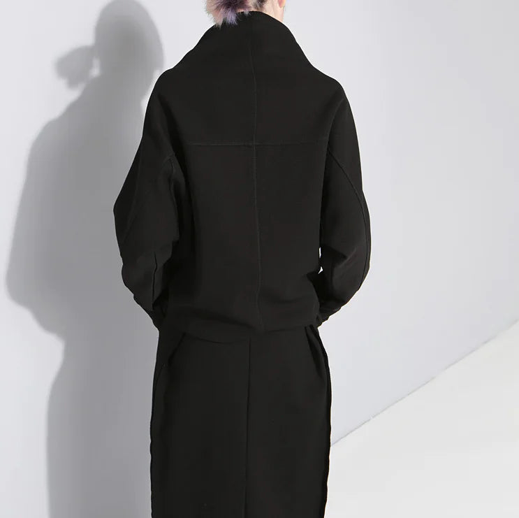 Batwing Pullover Hoodie with High Neck Bark Texture