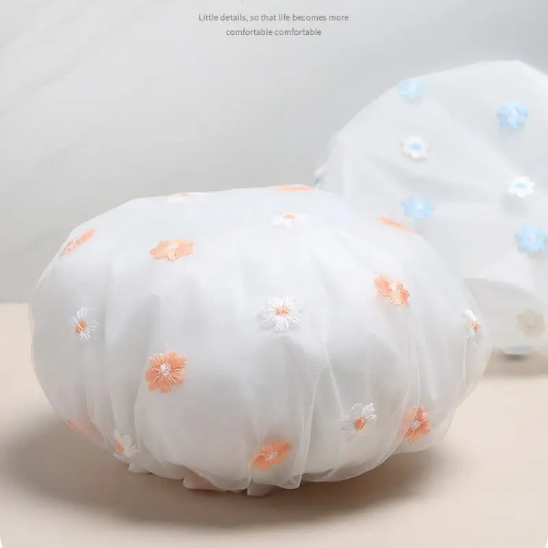 Double Layer Waterproof Shower Cap with Daisy Embroidery