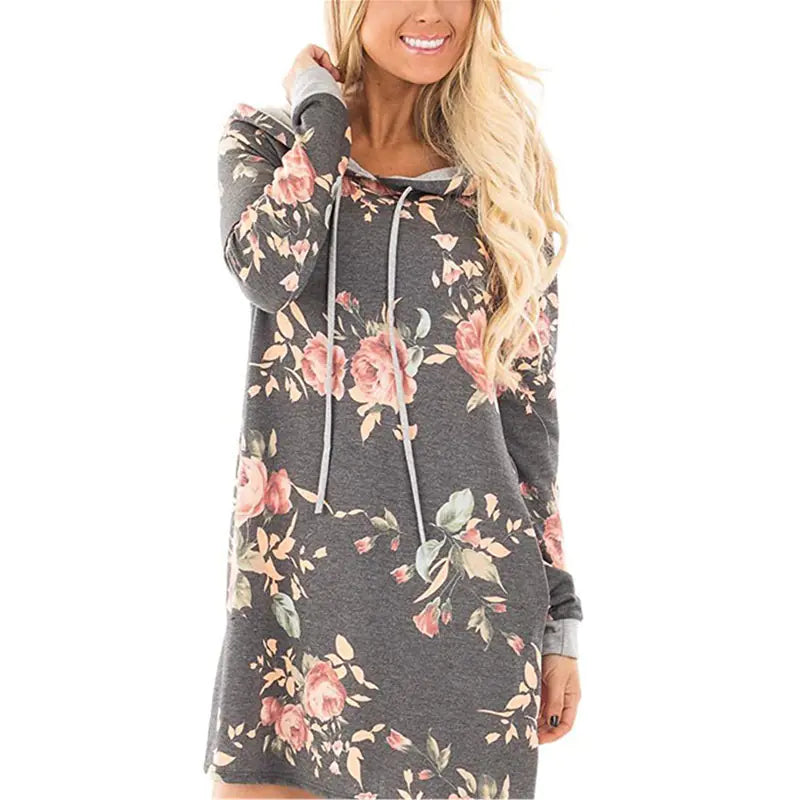 SINFEEL Autumn Fashion Floral Print Hoodie Dress for Women