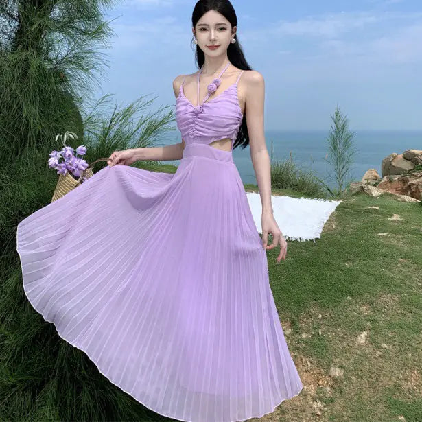 Purple Pleated Backless Women's Sling Dress Slim Fit