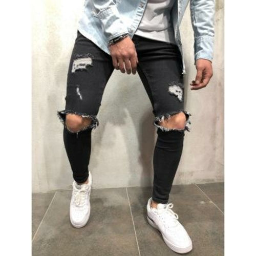 Men Jeans Stretch Destroyed Ripped Design Fashion