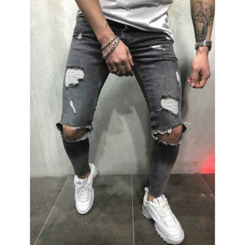 Men Jeans Stretch Destroyed Ripped Design Fashion