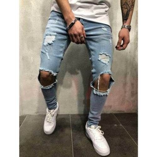 Men Jeans Stretch Destroyed Ripped Design Fashion