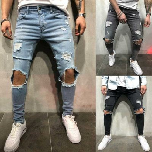 Men Jeans Stretch Destroyed Ripped Design Fashion