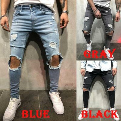 Men Jeans Stretch Destroyed Ripped Design Fashion