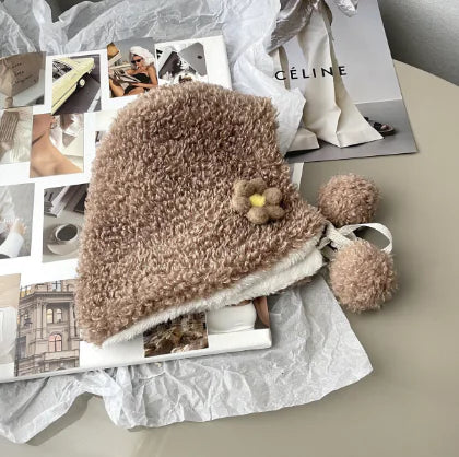 Small Flower Plush Lei Feng Hat for Kids' Warmth
