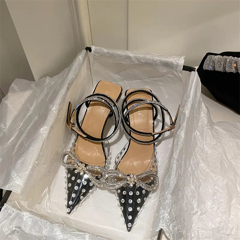 Spring Transparent Rhinestone Bow High-Heeled Sandals