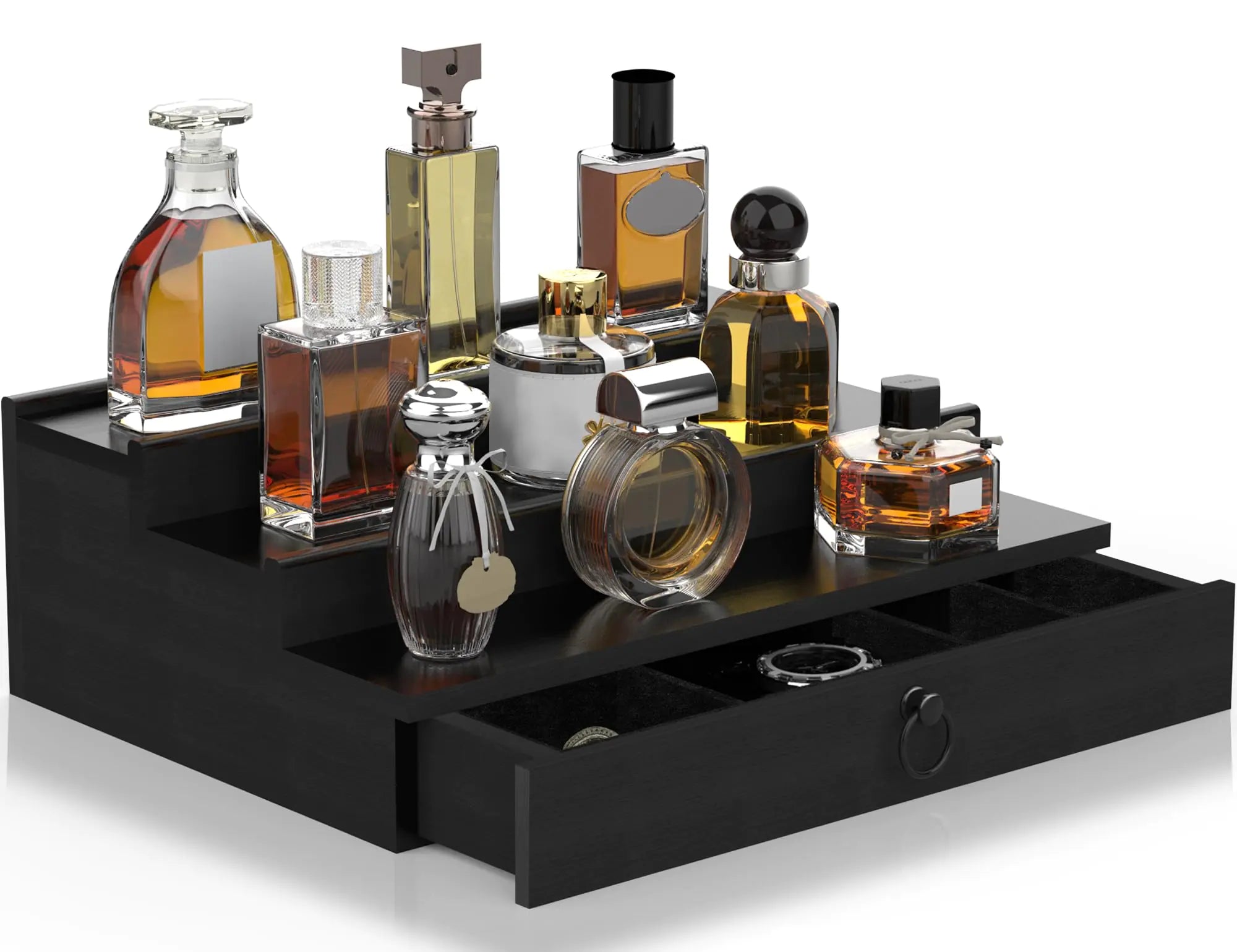 Cologne Organizer for Men 3 Tier Wood Perfume Organizer with Felt Lining Drawer and Hidden Compartment Black Perfume Display Holder A Gift for Men
