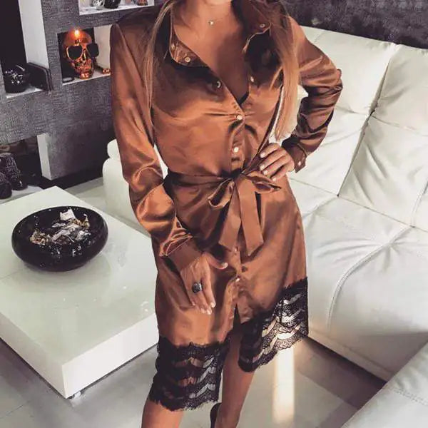 Lace-Panel Satin Sleep Dress with Shirt Style