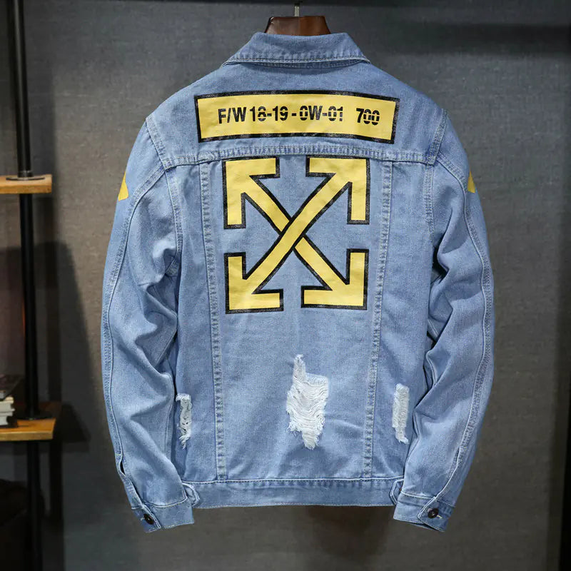 Men's Spring Autumn Light Blue Printed Denim Jacket