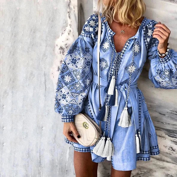 Colorful Print V-Neck Long Sleeve Tassel Dress