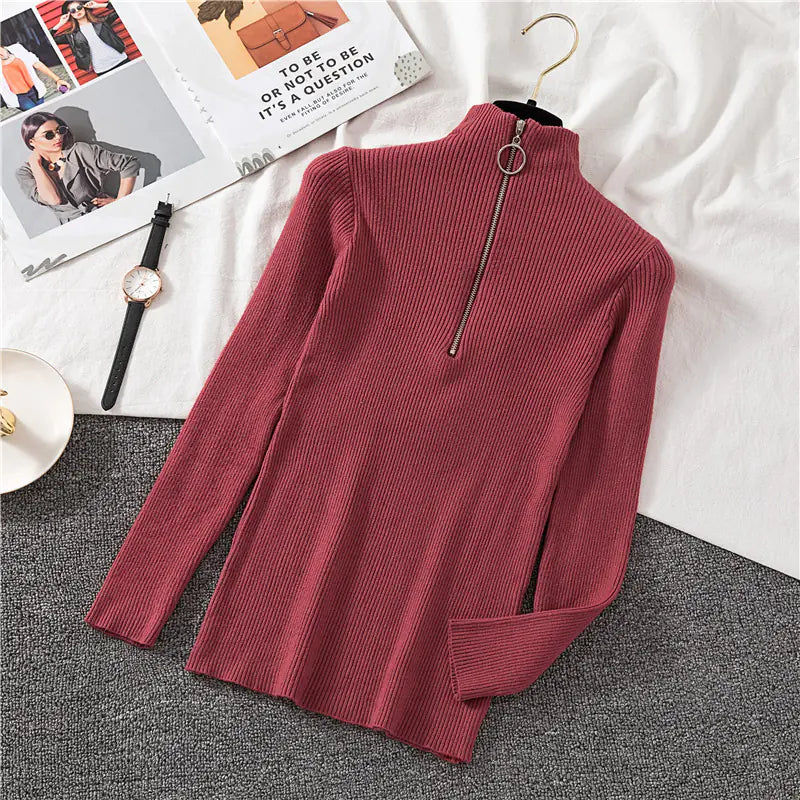 Zippered Half High Neck Slim Fit Knit Top for Women