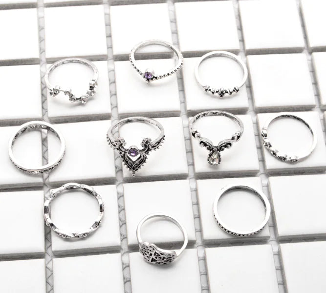 Purple Diamond Ring Set with Crown and Twisted Design (10 Pcs)