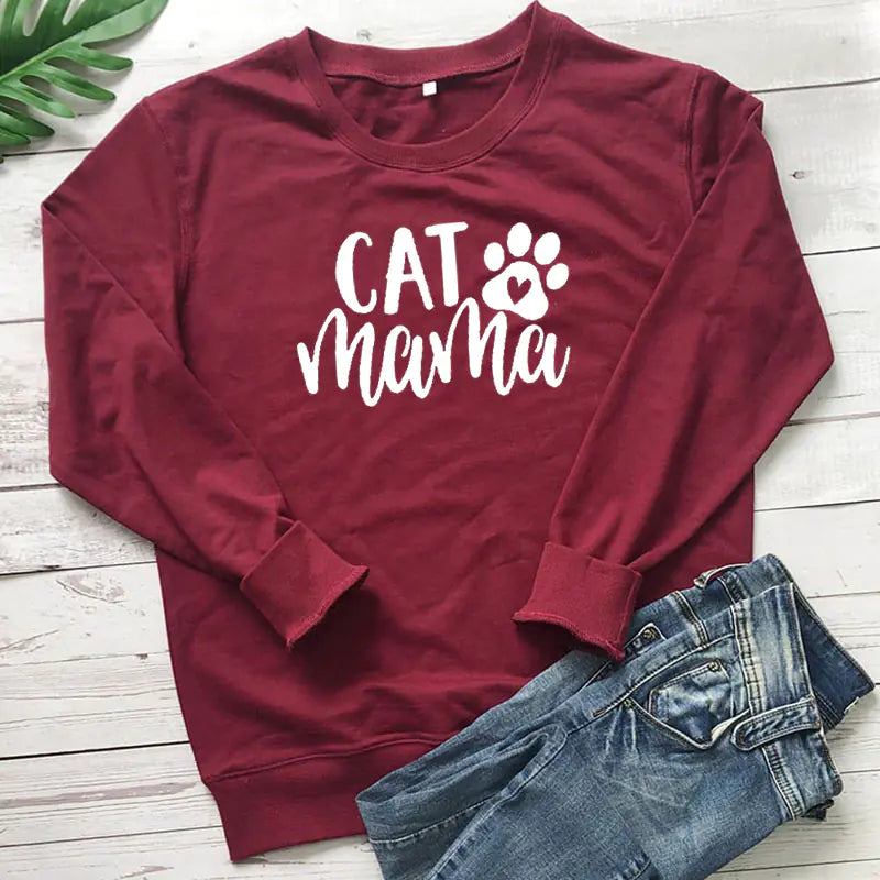 Cotton Crew Neck Sweatshirt with Cat Mama Design
