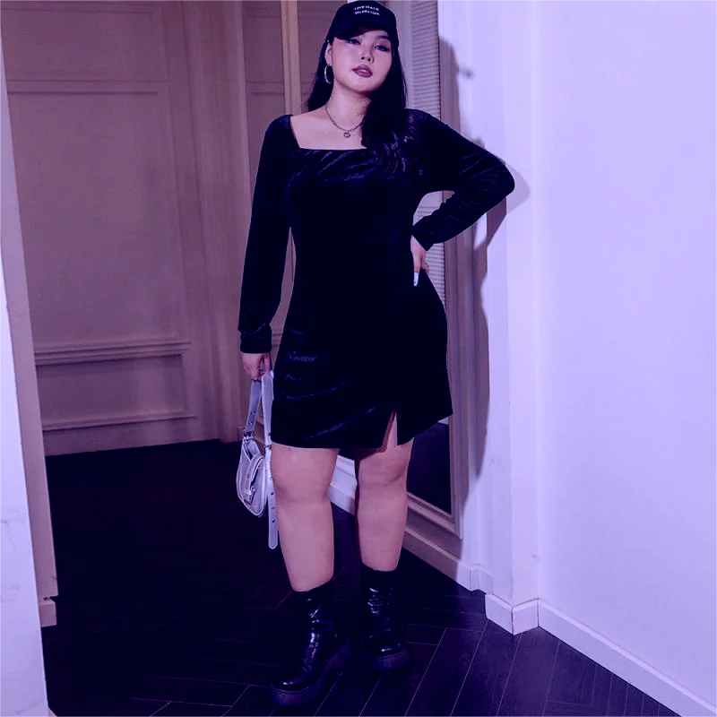 Velvet Sheath Dress with Slit Square Collar