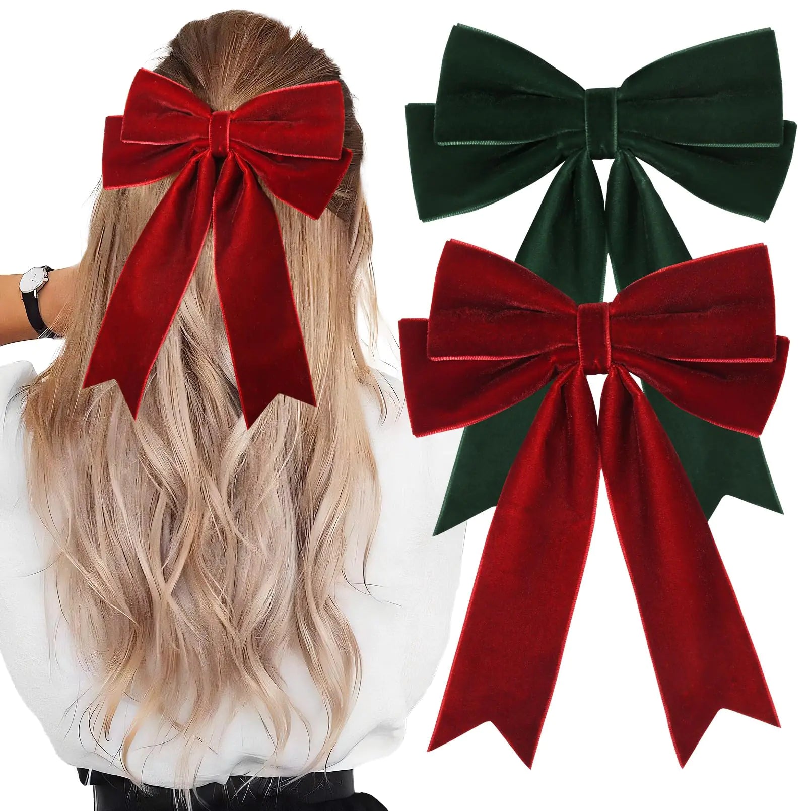 2PCS Velvet Bows Hair Clip Ribbon Green Red Accessories Ponytail Holder Hair Bow for Women Girls Toddlers Teens Kids