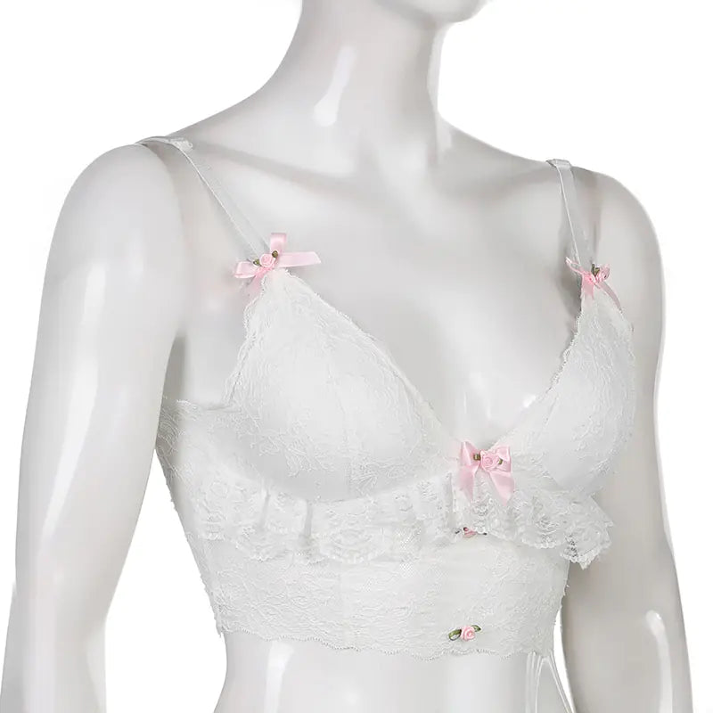 Gothic Lace Bowknot White Cropped Top for Women