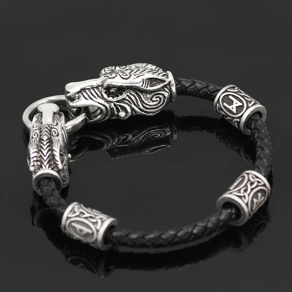Vintage Viking Dragon Head Leather Bracelet for Men
