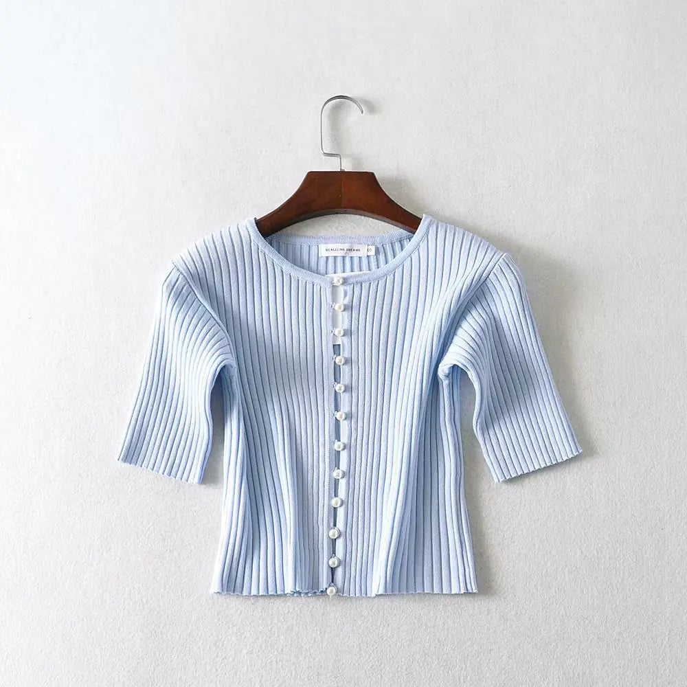Purple Pearl Button Cropped Knit Top for Women