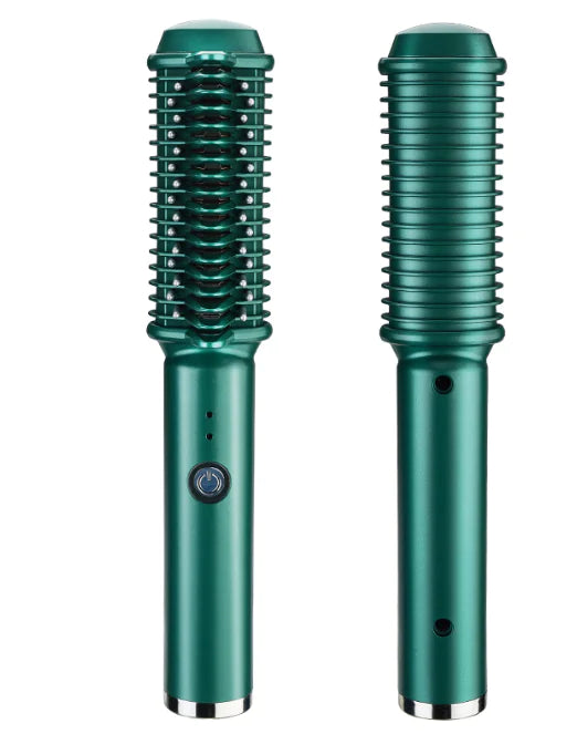 USB Wireless Hair Straightening and Curling Comb - Rechargeable Ceramic Styling Tool (Green)
