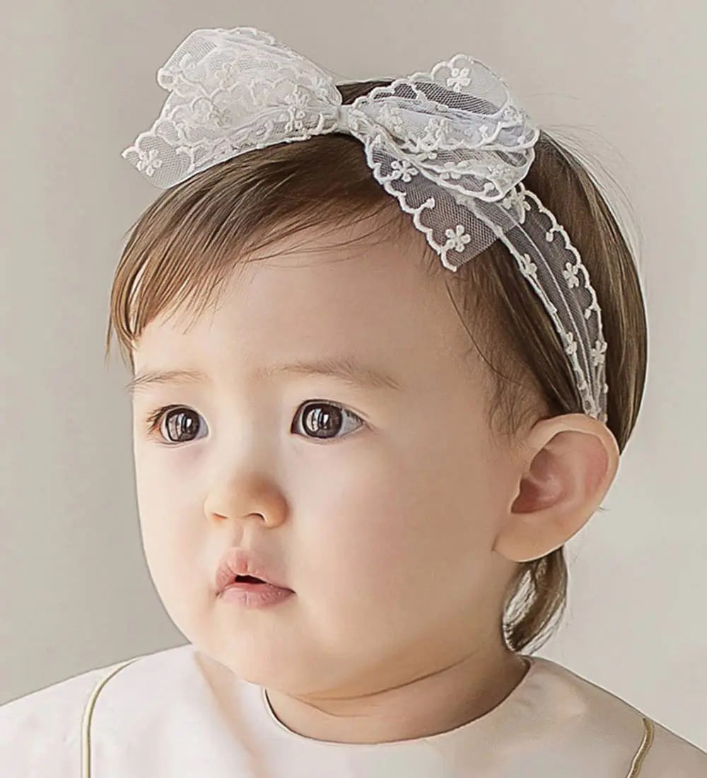 Baby Girls Lace Bow Headband Cute Chiffon Bow-Knot Toddler Hairband Elastic Soft Lace Infants Birthday Party Hair Accessories (White-4 One size)