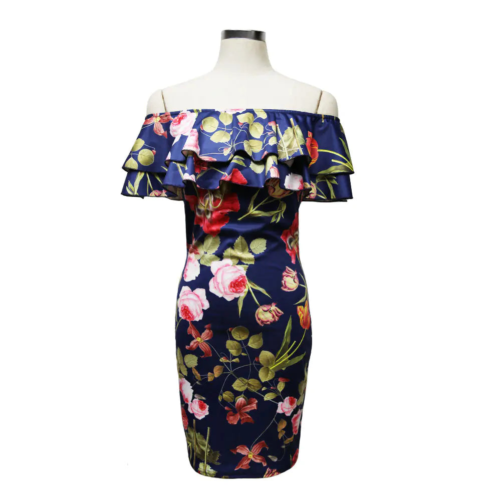 Ruffled Off-Shoulder Floral Bodycon Dress