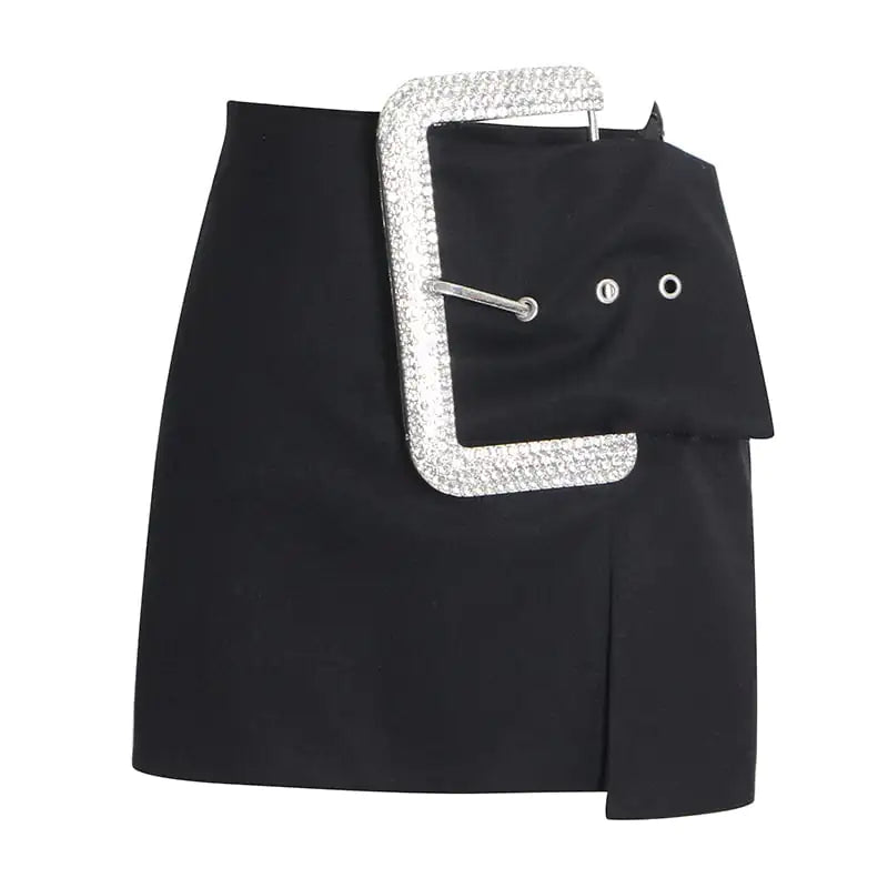 Belt Slit Mini Skirt with Large Diamond Buckle