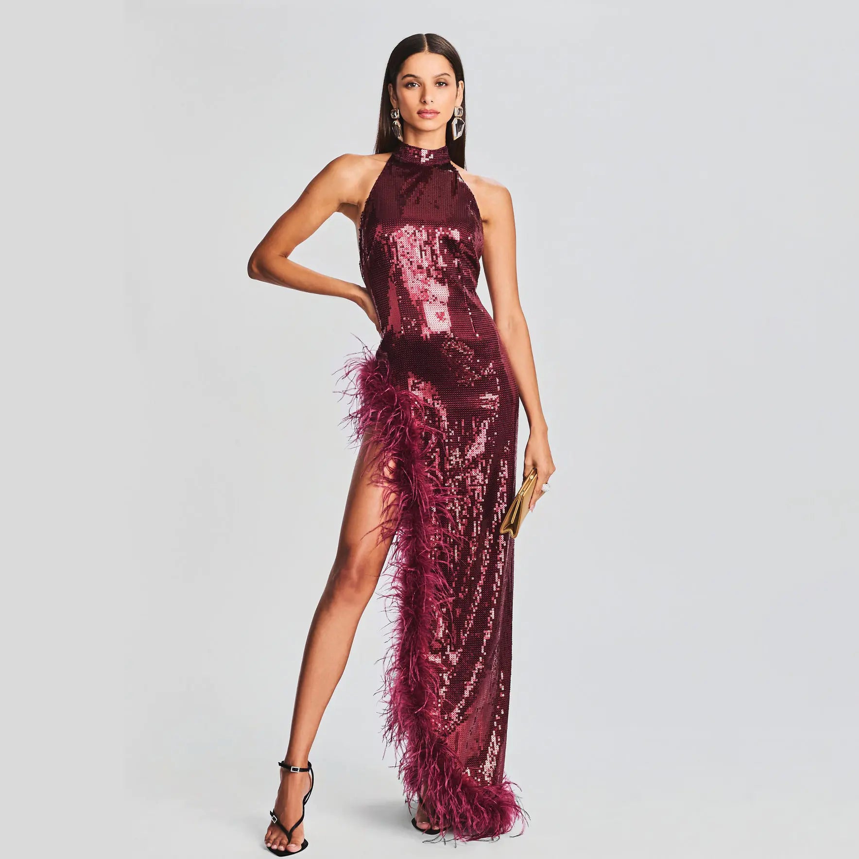 "Feather Wine Red Sequined Halter Dress"