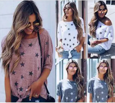 Loose Fit Star Print Off-Shoulder T-Shirt for Women