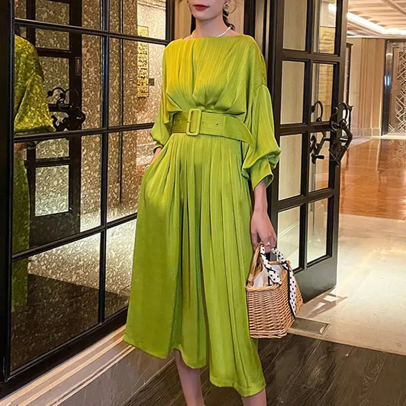 Solid Color Long Sleeve Belted Dress