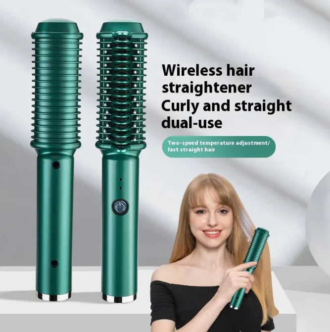 USB Wireless Hair Straightening and Curling Comb - Rechargeable Ceramic Styling Tool (Green)