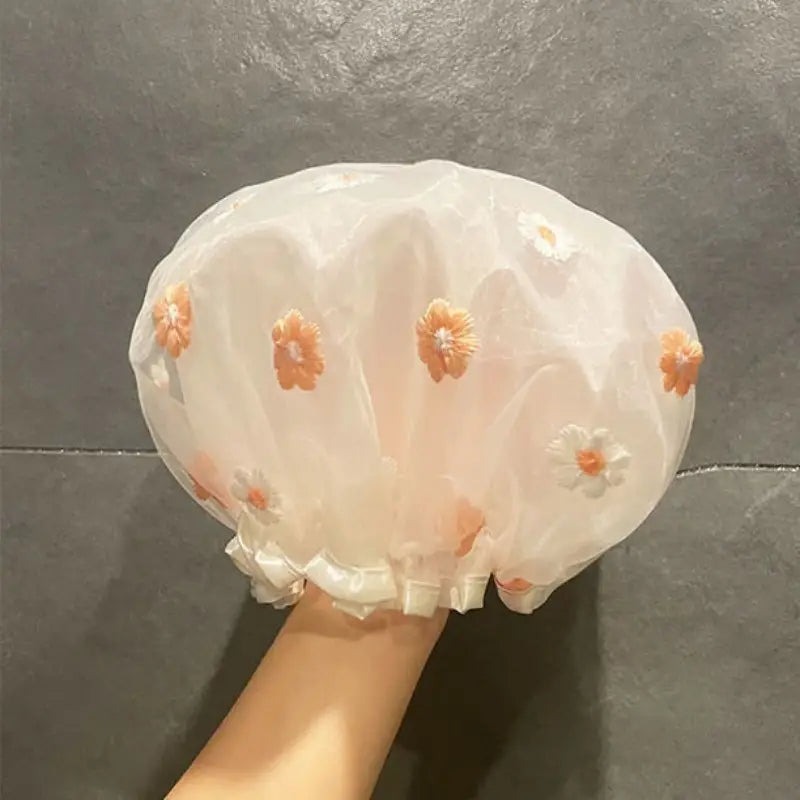 Double Layer Waterproof Shower Cap with Daisy Embroidery