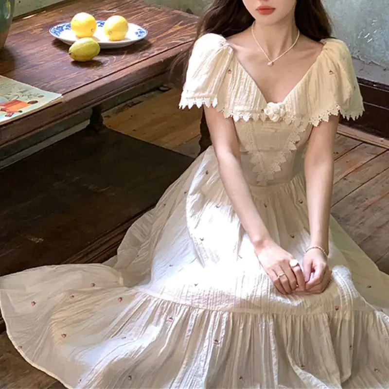 French Retro Tencel Printed Dress with Embroidery