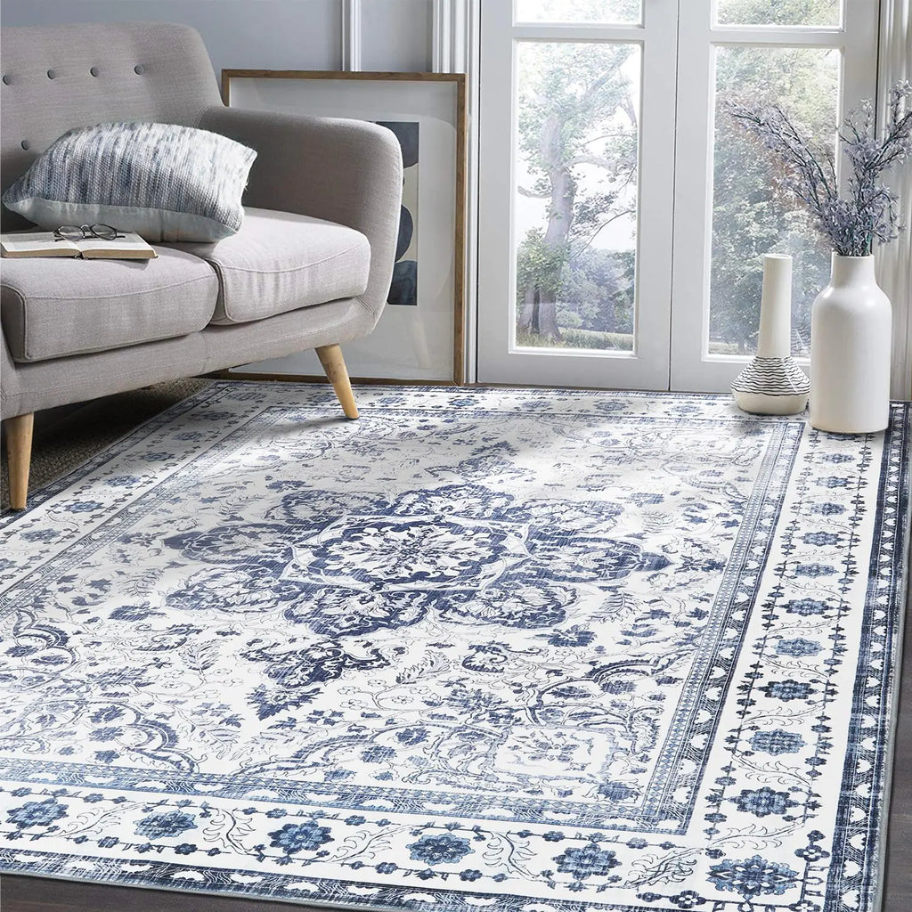 Machine Washable Area Rug 4x6 Ultra Soft Rugs for Bedroom Non Slip Non Shedding Low Pile Entryway Carpet for Dining Room Kitchen Dressing Room Office(Blue4x6ft)