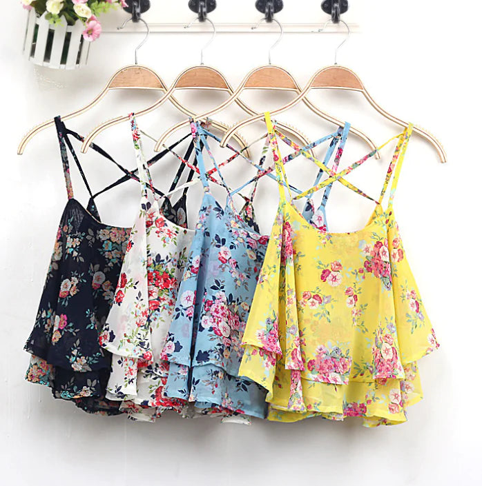Vintage Floral Cami Top, Sleeveless Off-Shoulder Tank