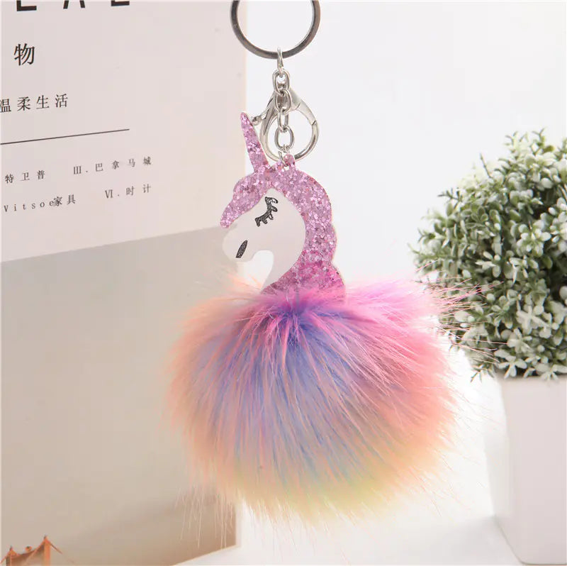 Colorful Pom-Pom Unicorn Keychain with Plush Detail
