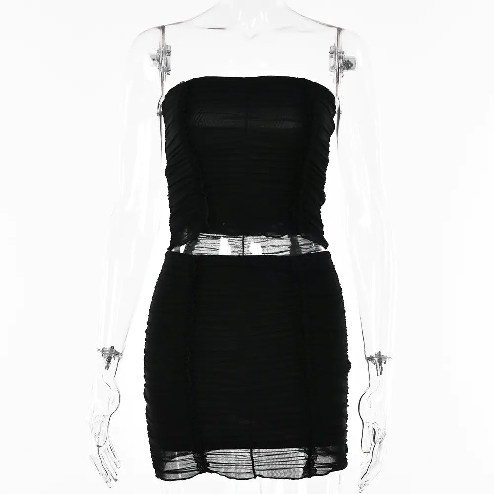 Summer Sheer Mesh Two-Piece Set with Crop Top and Skirt