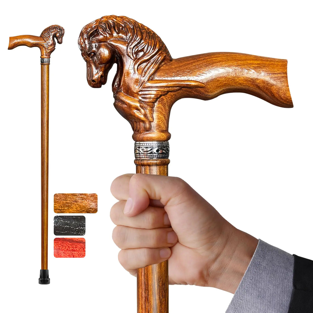 Uoagain Wood Walking Cane Elegant Hand-Carved Horse Head Wooden Walking Cane for Men and Women Handmade Stylish Canes for Seniors Light Stable High-end Canes Suitable for Gift Giving (Zebrawood)
