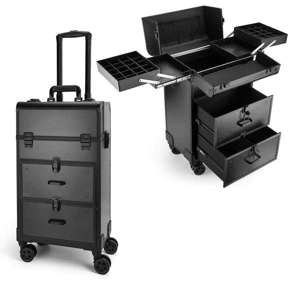 Rolling Makeup Train Case Professional Cosmetology Case on Wheels Aluminum Cosmetic Trolley Travelling Cart Trunk with Swivel Wheels Sliding Drawer & Keys for Nail Technician Stylist(Black)