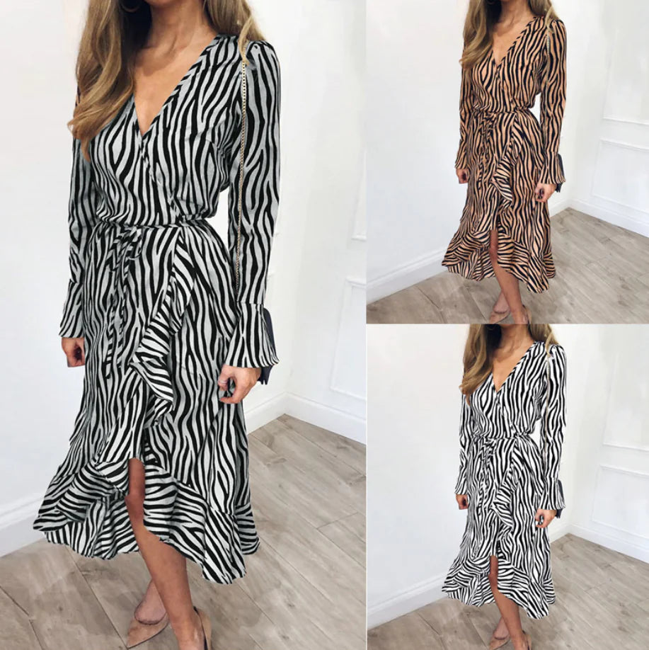 V-Neck High-Waisted Women's Chiffon Dress with Print
