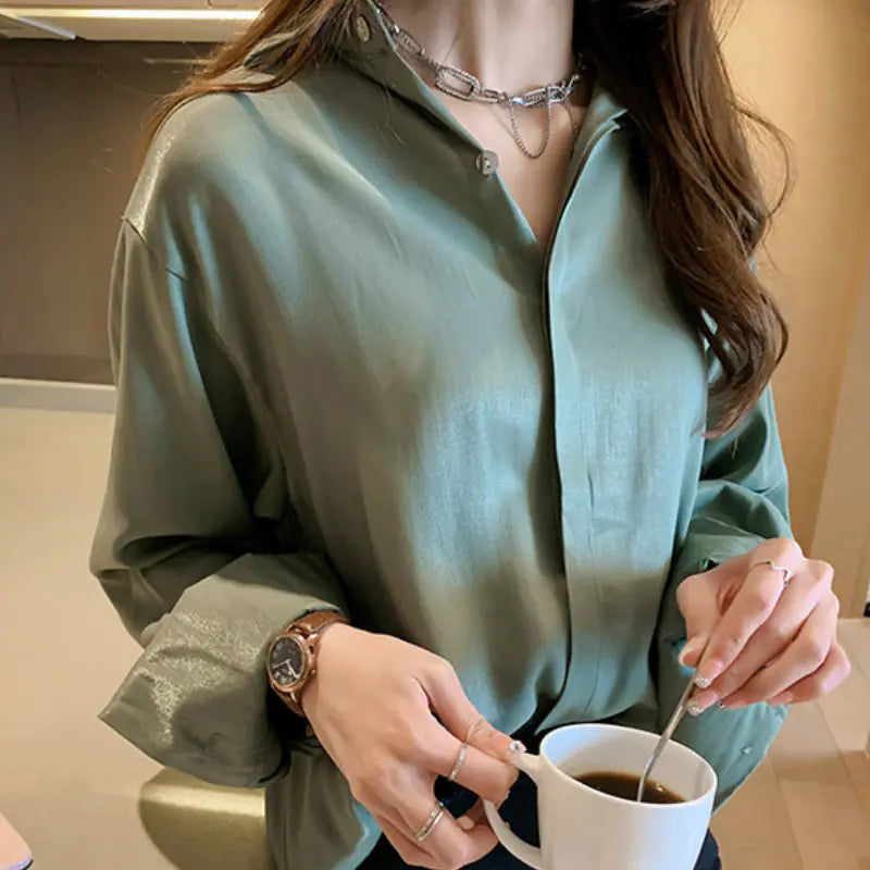 Women's Vintage Satin Long Sleeve Shirt Top