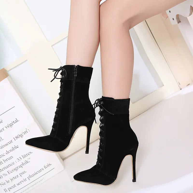 Women's High Heel Lace-Up Suede Ankle Boots