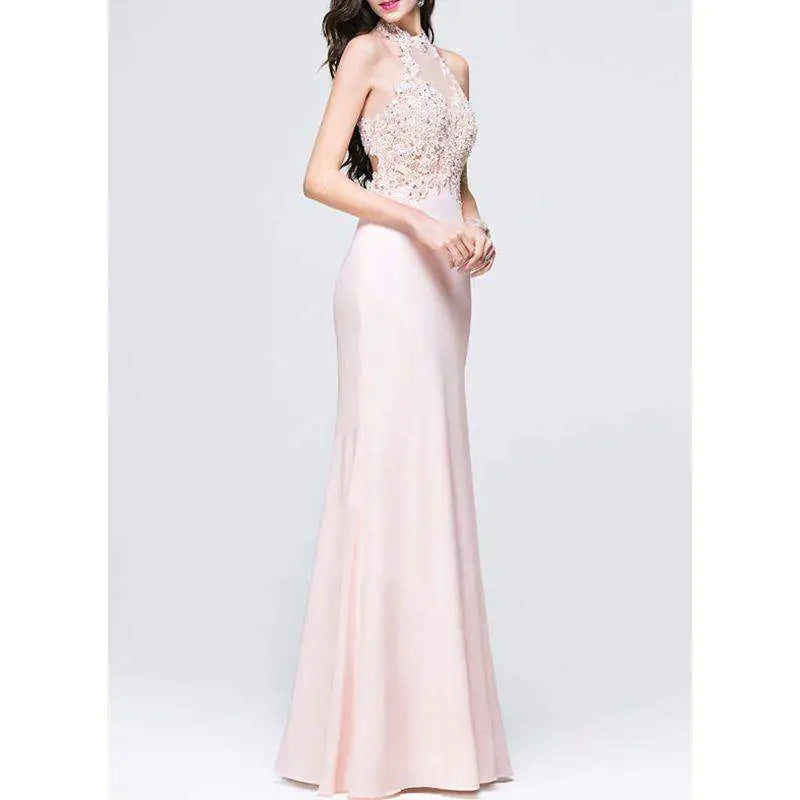 Pink V-Neck Lace Evening Dress