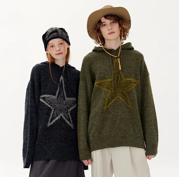 Hooded Knit Sweater with Star Jacquard Design