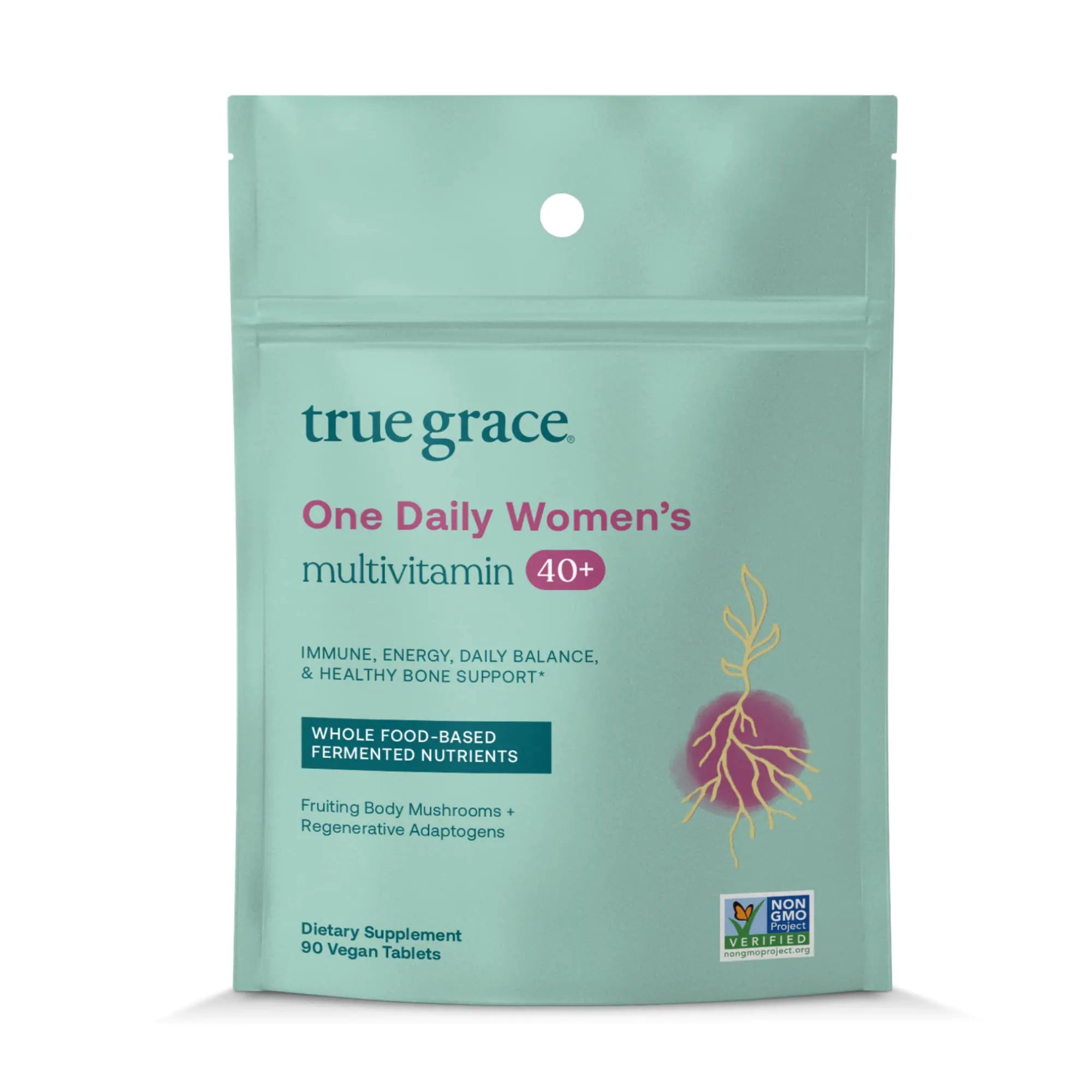 True Grace One Daily Women’s Multivitamin 40+ Fermented Minerals Organic Adaptogens & Mushrooms Energy Immune Bone Heart Support - Iron Free Non-GMO Gluten Free Soy Free - 90 Vegan Tablets