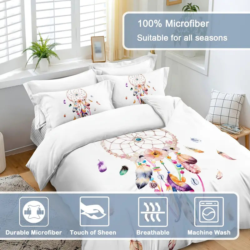 3pcs Dream Catcher Watercolor Feather Duvet Cover Set