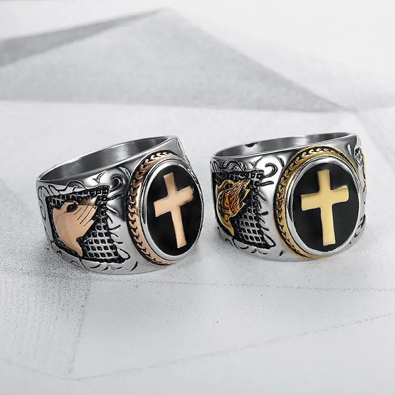 Titanium Steel Men's Cross Ring with Black Resin Design