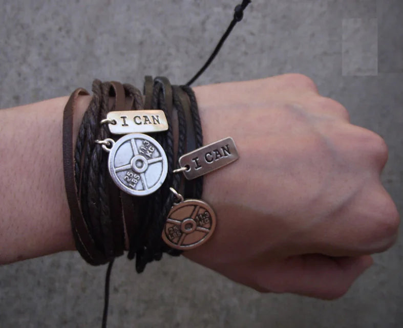 Retro Multi-Layer Leather Bracelet with Dumbbell Charm